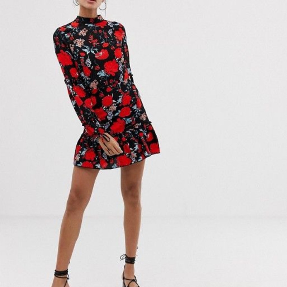 ASOS Floral Mini Dress Balloon Tie Sleeves Size 6 Tall NEW Red Black